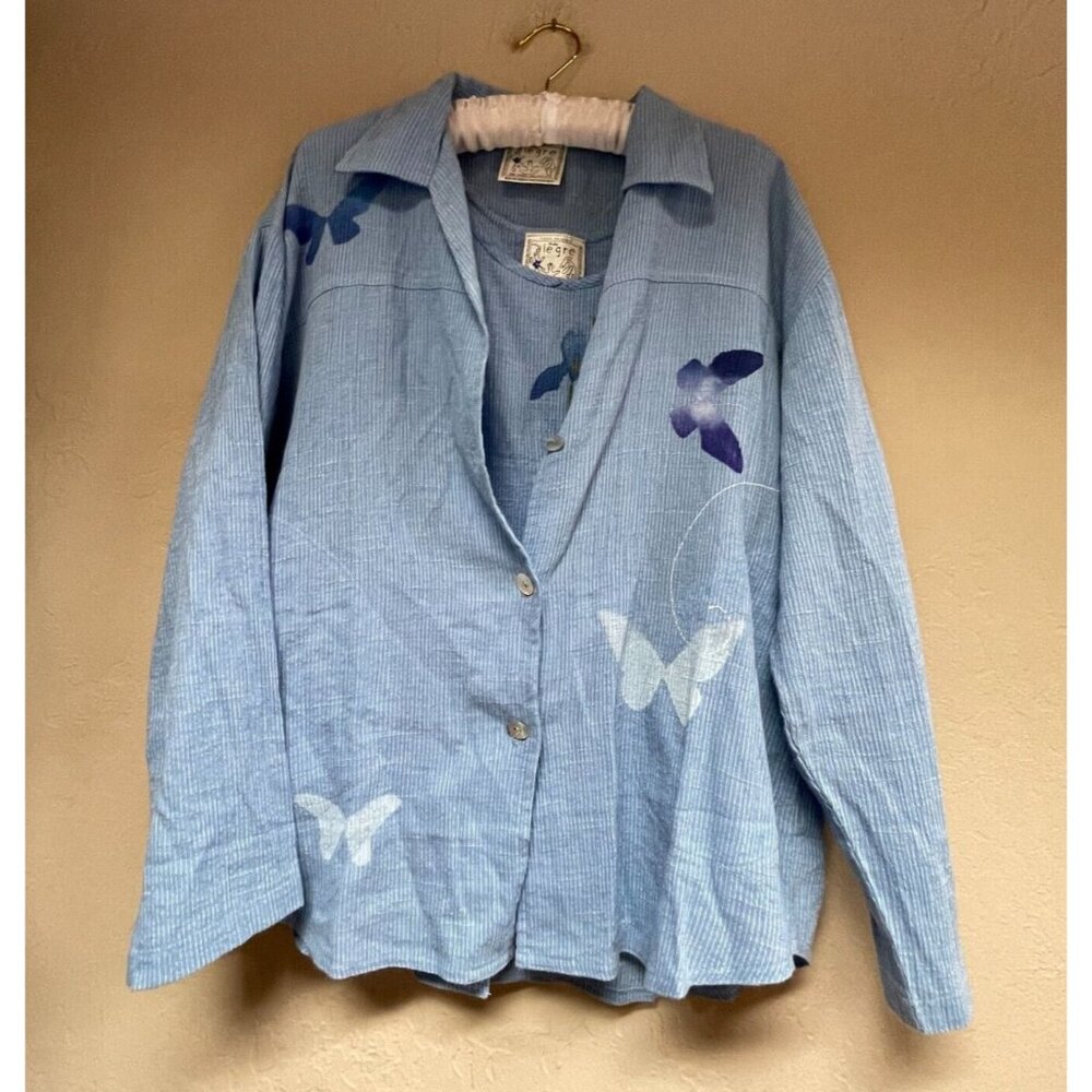 Play Alegre Womens Hand Painted Textured Top/Jacket Set Blue Medium/Small